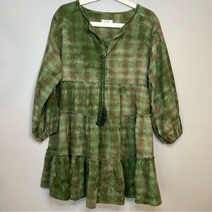 On You | Linen Tiered Tie Dye Mini Dress Babydoll Cuff Sleeve Bamboo Green Sz L